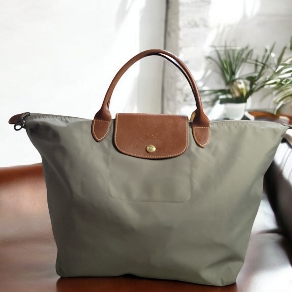 Longchamp Green Tote with Brown Leather Handles and Zipper Closure with COA